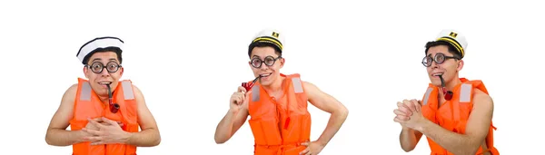 Homme drôle portant gilet de sécurité orange — Photo