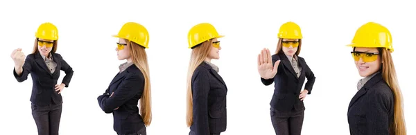 Kvinnlig byggarbetare isolerad på vitt — Stockfoto