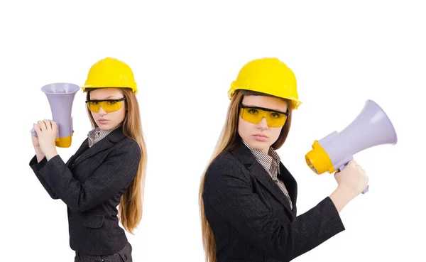 Trabajadora de la construcción con altavoz aislado en blanco — Foto de Stock