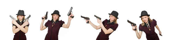 Молода жінка гангстер з пістолетом на білому — стокове фото