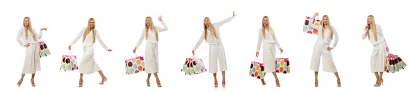 Nő bevásárló táskák fehér — Stock Fotó