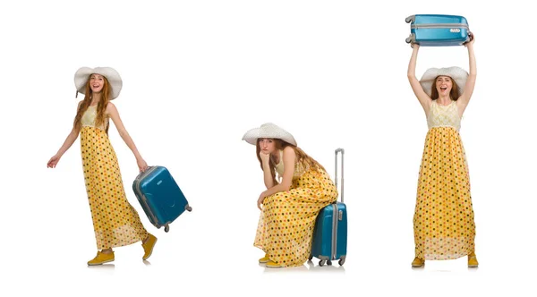 Mujer lista para viajar en verano aislada en blanco —  Fotos de Stock