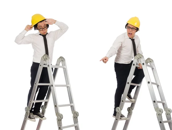 Trabajador de la construcción en concepto divertido en blanco — Foto de Stock