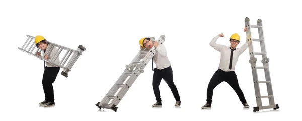 Construction worker in funny concept on white — Stock Photo, Image