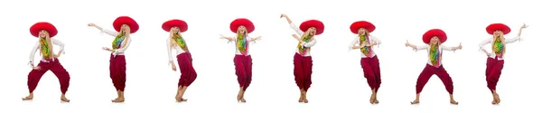 Mexicaine fille avec sombrero danse sur blanc — Photo