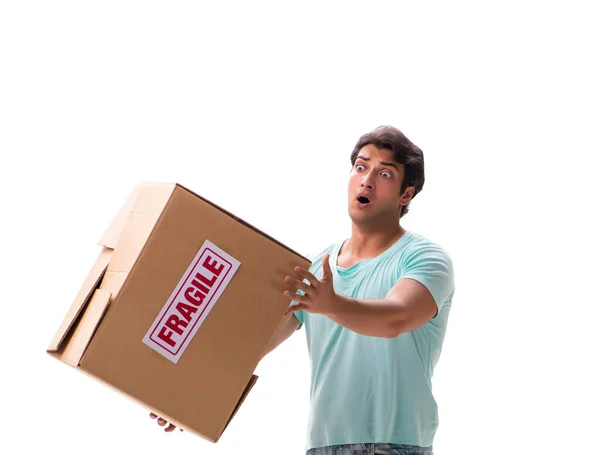 Jovem homem bonito com caixa frágil encomendado a partir da Internet — Fotografia de Stock