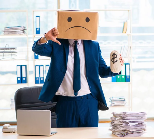 Unhappy man with box instead of his head — Stock Photo, Image