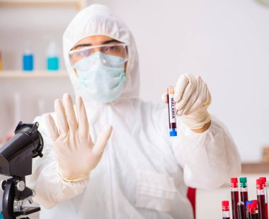 Genç yakışıklı laboratuvar asistanı hastanede kan örnekleri test ediyor.