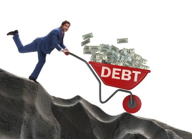 İş adamı, dolarlarla el arabasını yokuş aşağı itiyor