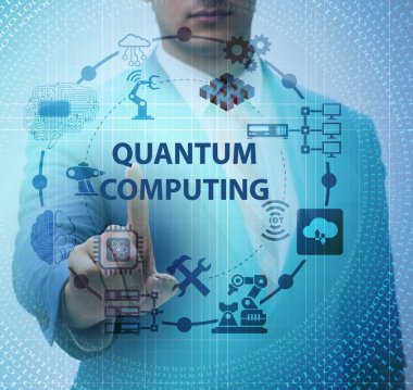 İş adamı kuantum hesaplama kavramında sanal düğmeye basıyor