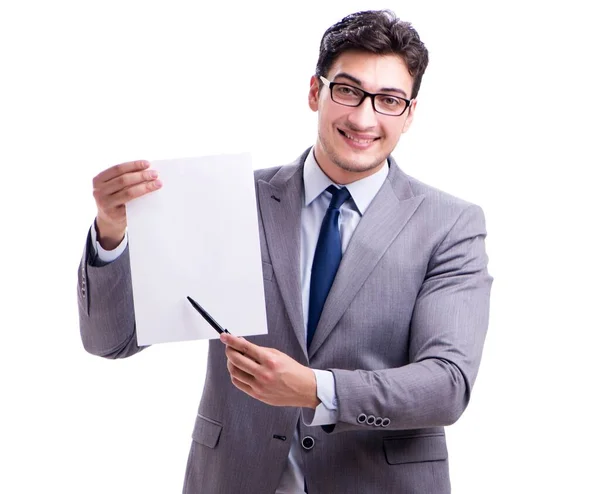 Empresário com mensagem em branco isolado em branco — Fotografia de Stock