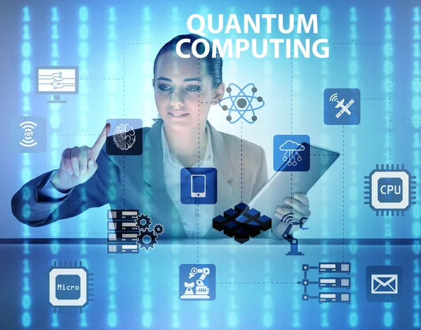 Businesswoman pressing virtual button in quantum computing conce — Stock Photo, Image