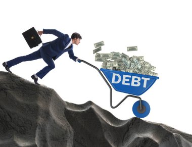 İş adamı, dolarlarla el arabasını yokuş aşağı itiyor