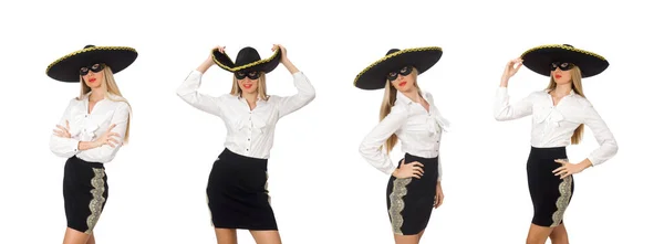 Donna che indossa sombrero isolato su bianco — Foto Stock