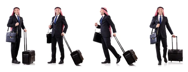 Uomo arabo con bagaglio su bianco — Foto Stock