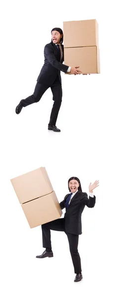 Αστείος άντρας με λευκά κουτιά. — Φωτογραφία Αρχείου
