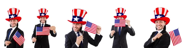 Hombre con bandera americana aislado en blanco —  Fotos de Stock