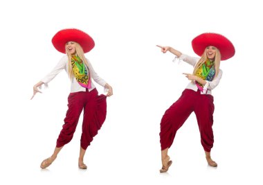 Meksikalı kız sombrero ile beyaz üzerinde dans ediyor