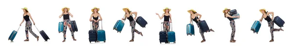 Mujer lista para viajar en verano aislada en blanco —  Fotos de Stock