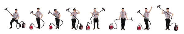 Pria lucu dengan vacuum cleaner di atas putih — Stok Foto