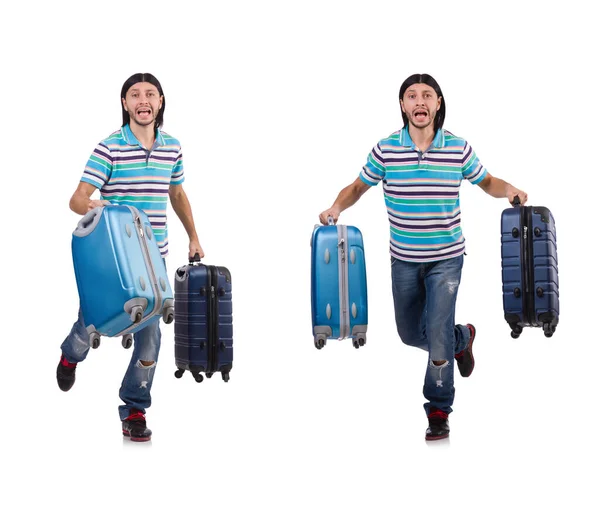 Young man travelling with suitcases isolated on white — Stock Photo, Image