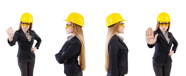 Žena stavební dělnice izolované na bílém — Stock fotografie