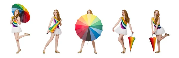 Jonge vrouw met paraplu op wit — Stockfoto