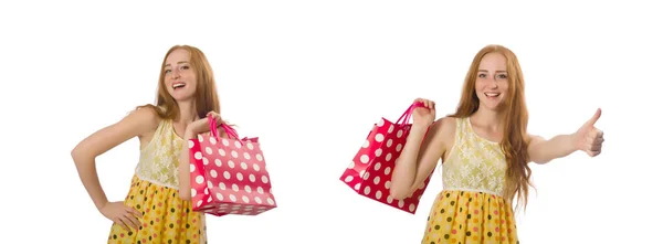 Donna con shopping bags isolata su bianco — Foto Stock