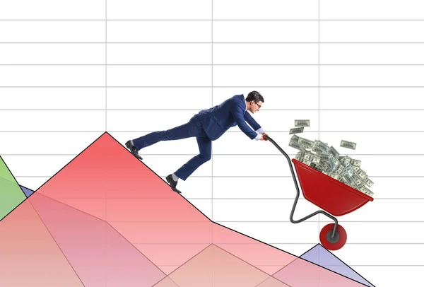 Affärsman trycka pengar skottkärra ner diagrammet — Stockfoto