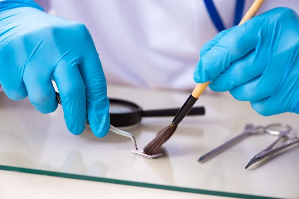 Homem velho criminologista especialista que trabalha no laboratório para provas — Fotografia de Stock