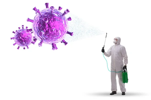 Concept de désinfection avec personne combattant le coronavirus — Photo