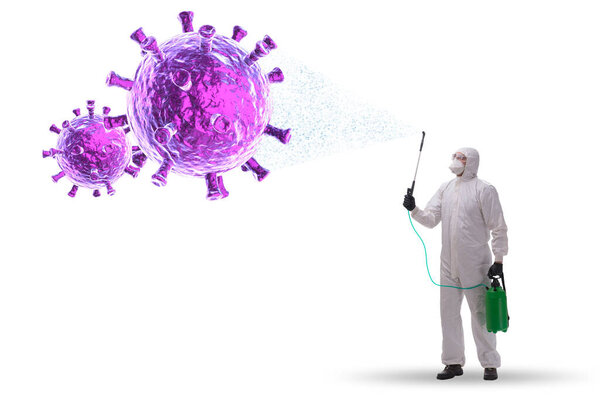 Disinfection concept with person fighting coronavirus