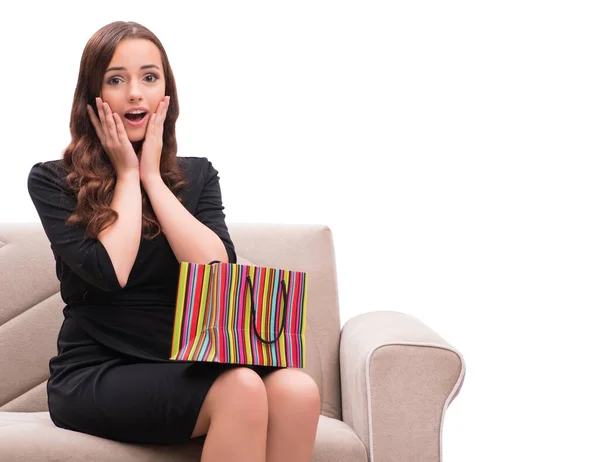 Jeune femme après Noël shopping sur blanc — Photo