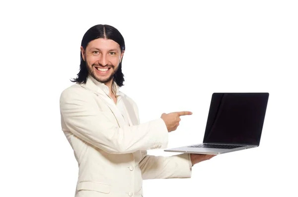 Jovem com laptop isolado no branco — Fotografia de Stock