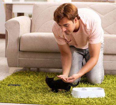 Genç adam evde kedi yavrusuyla oynuyor.