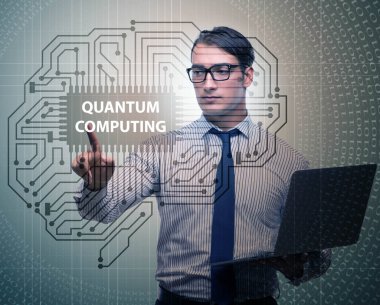 İş adamı kuantum hesaplama kavramında sanal düğmeye basıyor