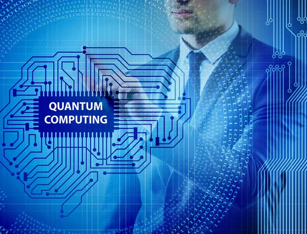 Businessman pressing virtual button in quantum computing concept — Stock Photo, Image