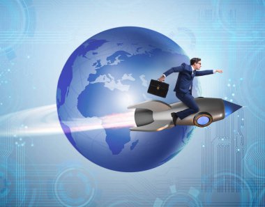 Küresel iş kavramı içinde roket üzerinde işadamı