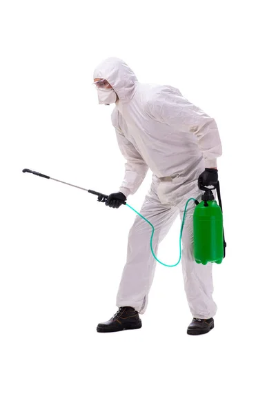 Young male contractor disinfecting in coronavirus concept — Stock Photo, Image