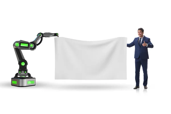 Επιχειρηματίες και κενή αφίσα που υποστηρίζεται από ρομποτικούς βραχίονες — Φωτογραφία Αρχείου