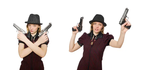 Junge Frau Gangster mit Waffe auf weiß — Stockfoto