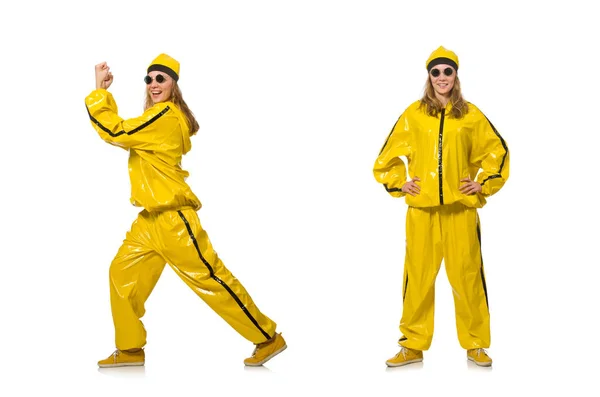 Kvinna i gul kostym isolerad på vit — Stockfoto