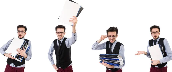 Büroangestellte hält Papier isoliert auf weiß — Stockfoto