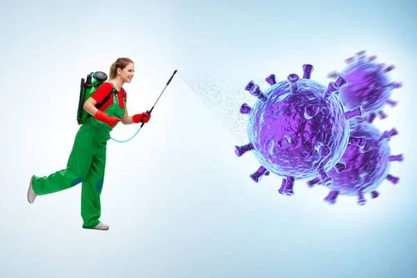 Ontsmettingsconcept met persoon die het coronavirus bestrijdt — Stockfoto