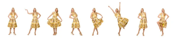 Mooi meisje in geel bloemen jurk geïsoleerd op wit — Stockfoto