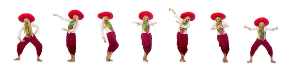 Ragazza messicana con sombrero ballare su bianco — Foto Stock