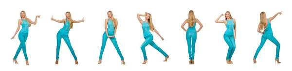 Pretty blond woman in blue pants and shirt isolated on white — Stock Photo, Image