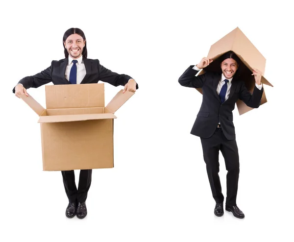 Funny man with boxes on white — Stock Photo, Image