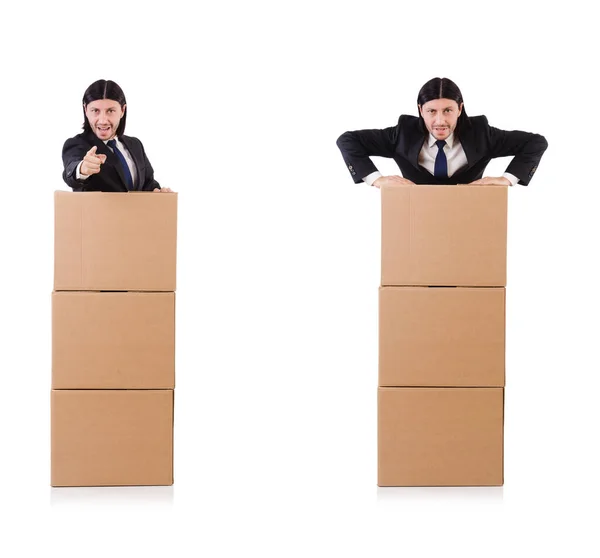 Hombre divertido con cajas en blanco —  Fotos de Stock