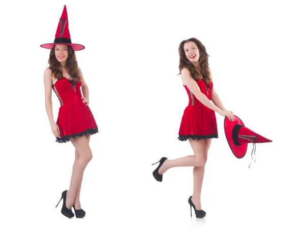 Fiatal nő modell pózol piros mini ruha — Stock Fotó